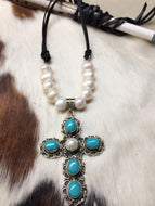 Turquoise and Pearl Cross Necklace